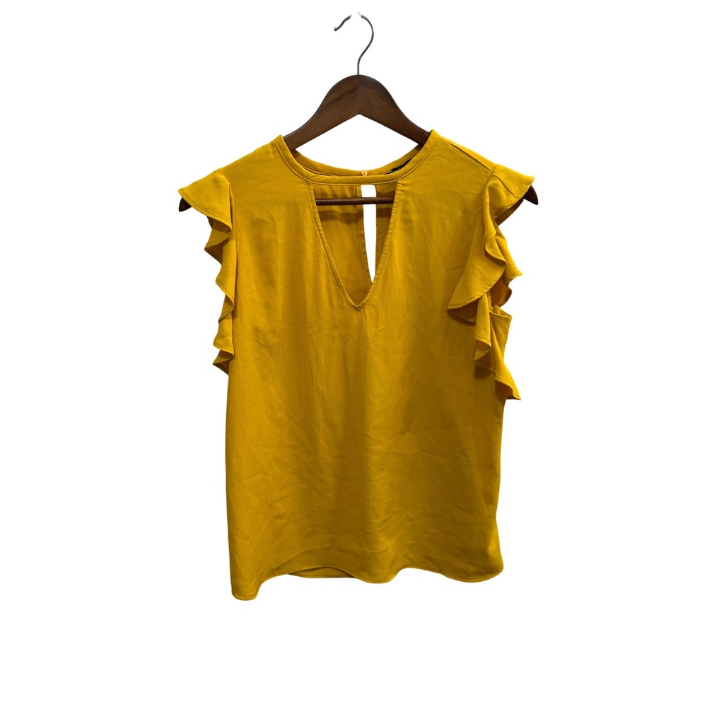 Bershka Ruffle Sleeve Blouse Womens Small Yellow Excellent Keyhole Cutout Top